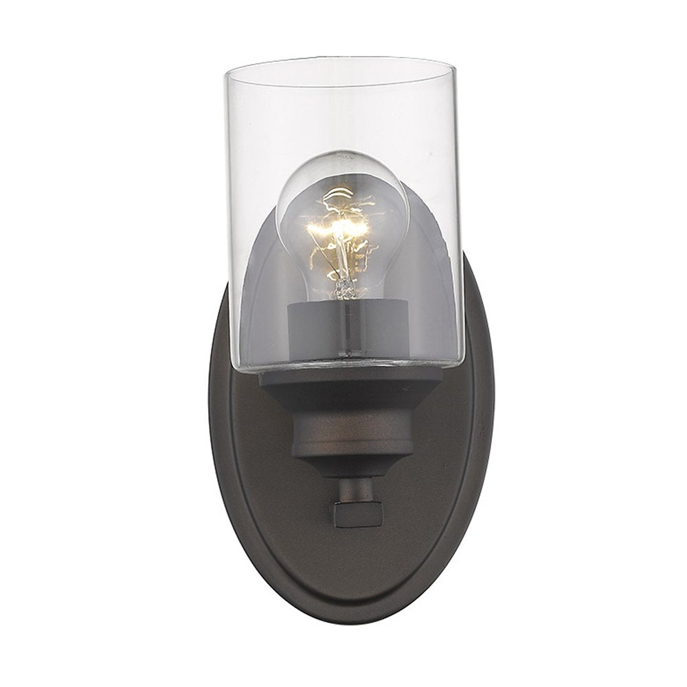 One Light Bronze Wall Light with Clear Glass Shade on a white background