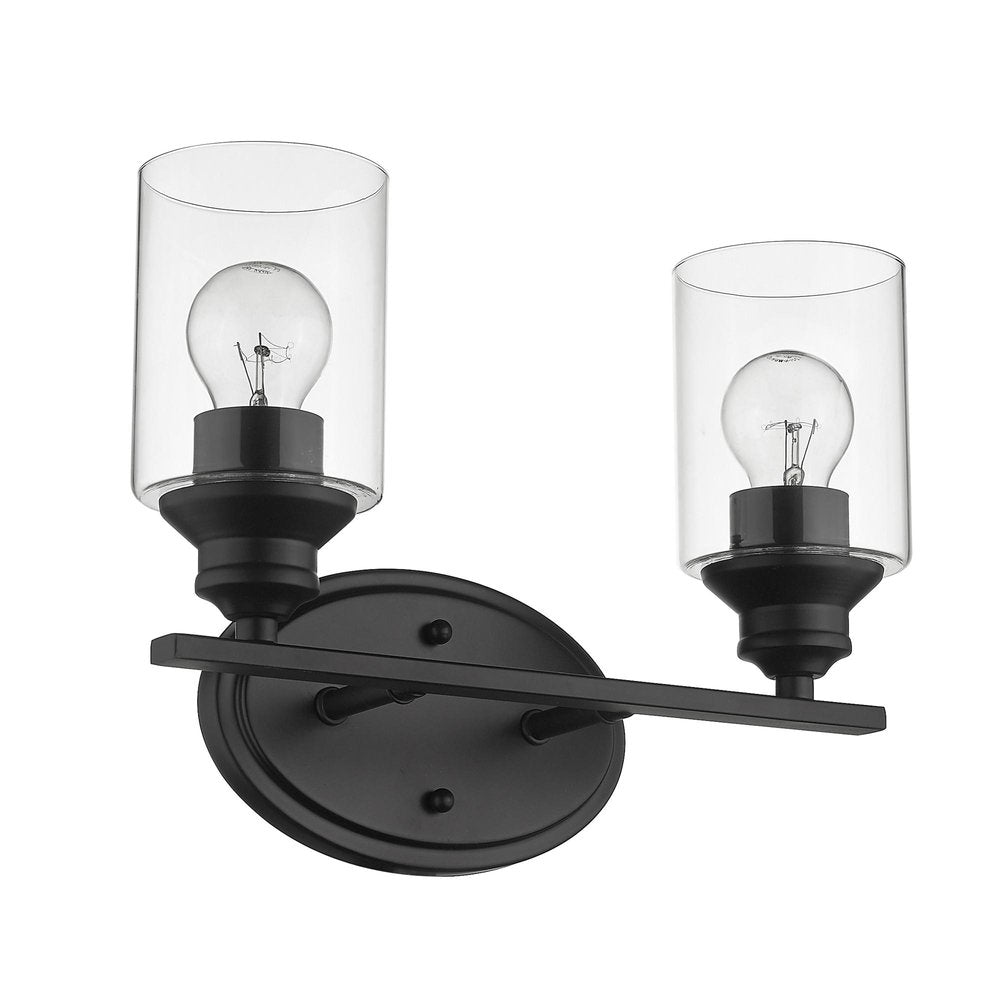 14" Black And Clear Metal and Glass Two Light Flush Mounted Sconce. Wall light isolated on a plain white background, in a black glass finish.
