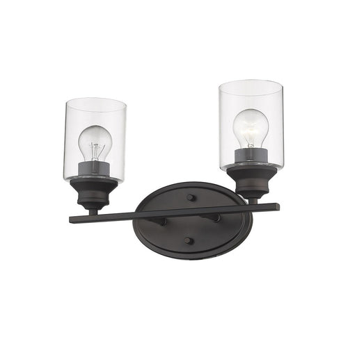 Black metal and clear glass two-light vanity sconce with exposed bulbs on a white background.
