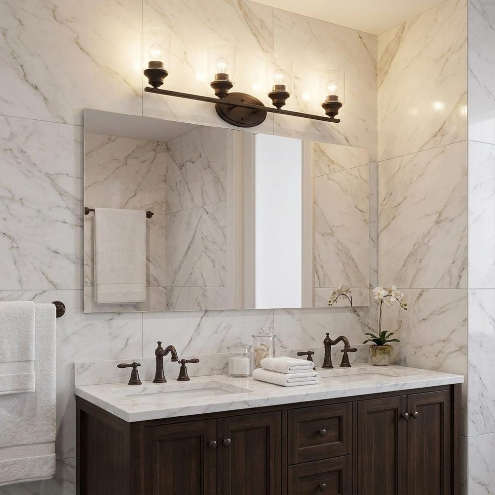 10" Black And Clear Metal and Glass Vanity Flush Mounted Sconce mounted on a cream wall in a furnished interior.