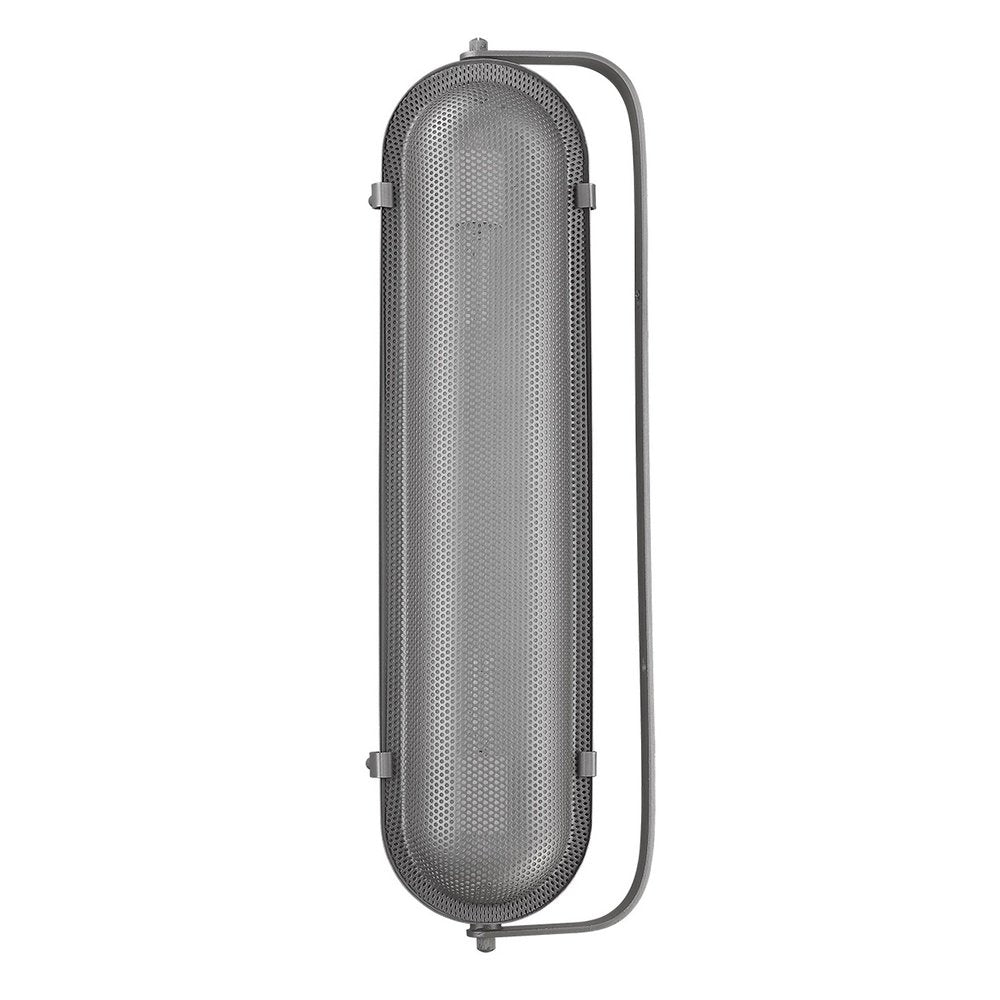 Gray metal sconce with a perforated oval shade and a curved arm, isolated on a white background.