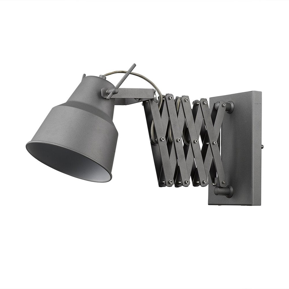 Gray metal wall sconce with an adjustable scissor arm and conical shade against a white background.