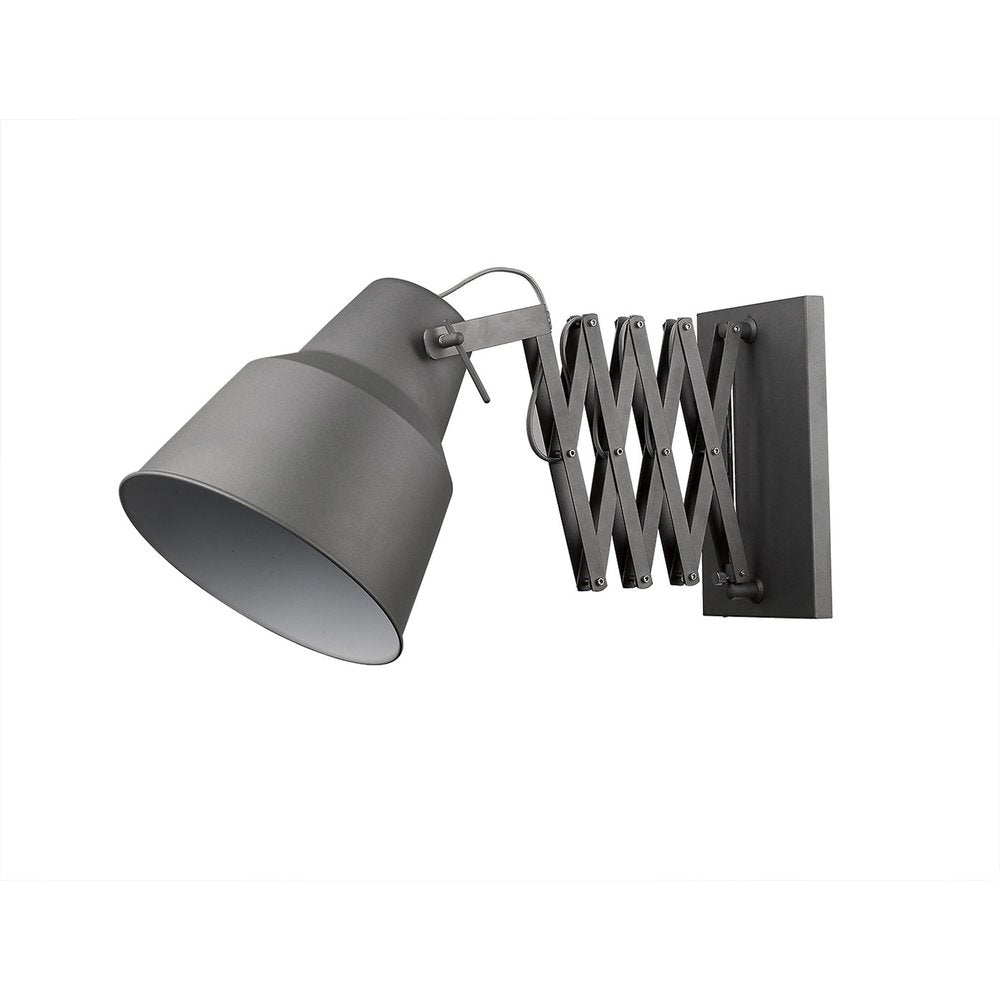 Gray metal wall sconce with an adjustable scissor arm and conical shade, isolated on a white background.