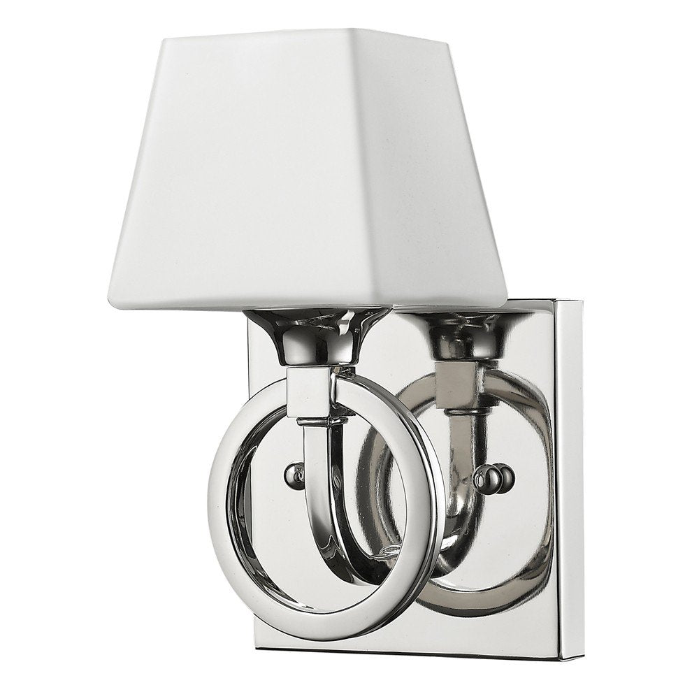 Silver metal wall light with a white frosted glass shade and decorative rings, isolated on a white background.