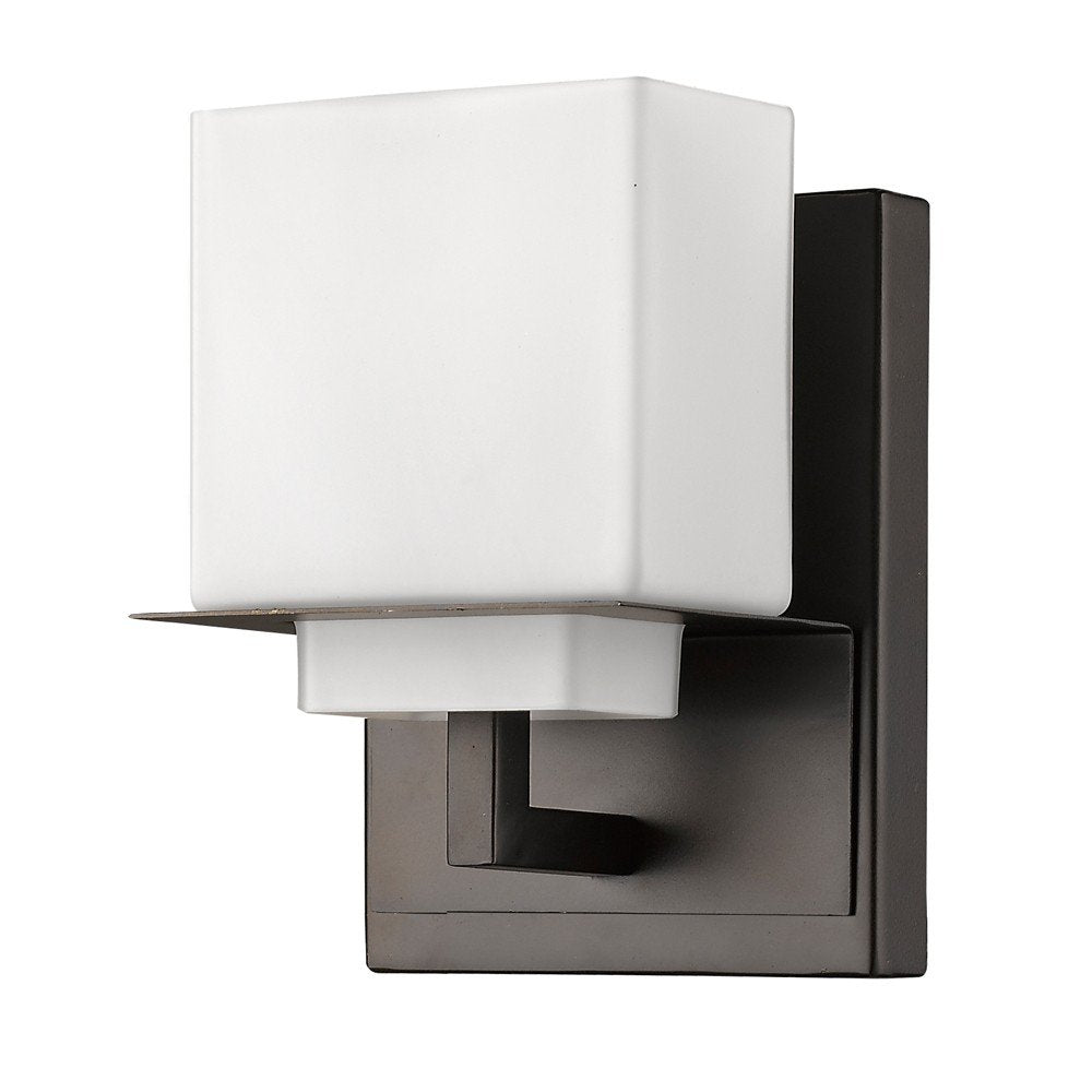 One Light Bronze White Glass Wall Sconce on a white background