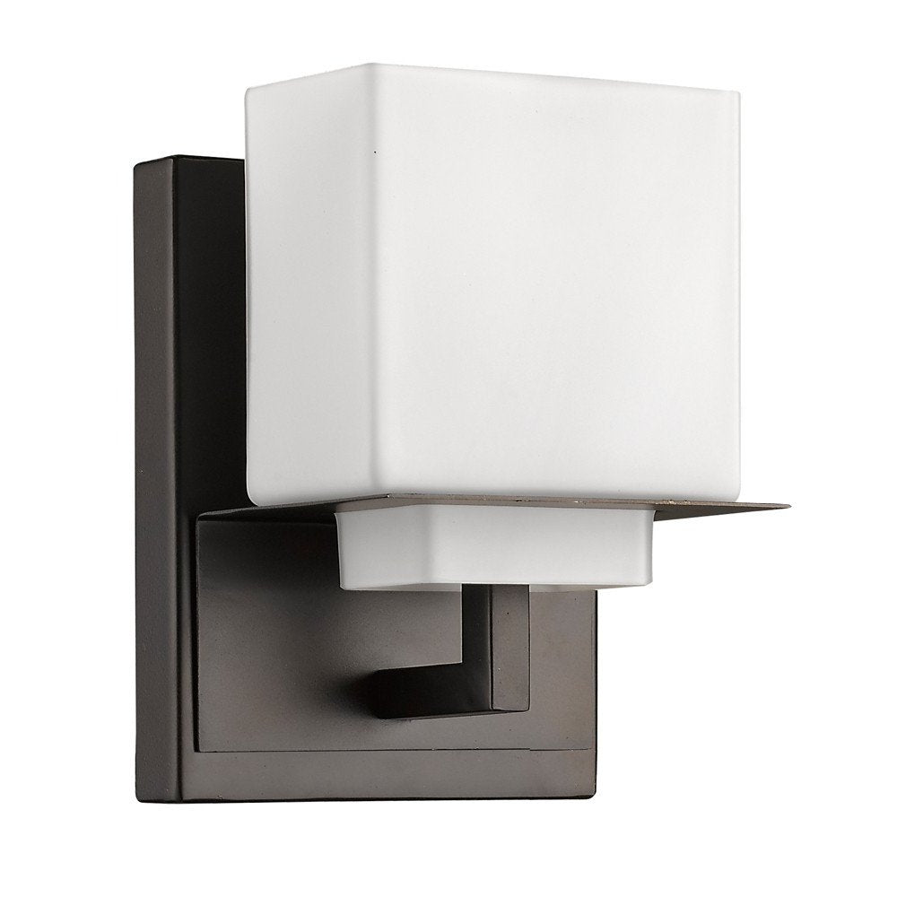 One Light Bronze White Glass Wall Sconce on a white background