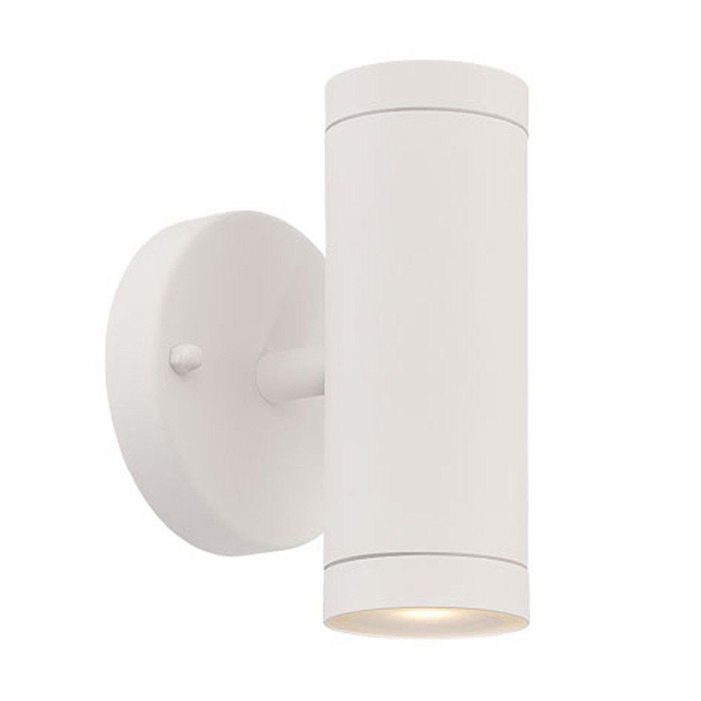 White cylindrical outdoor hanging light with white shades and a white circular wall mount against a white background.