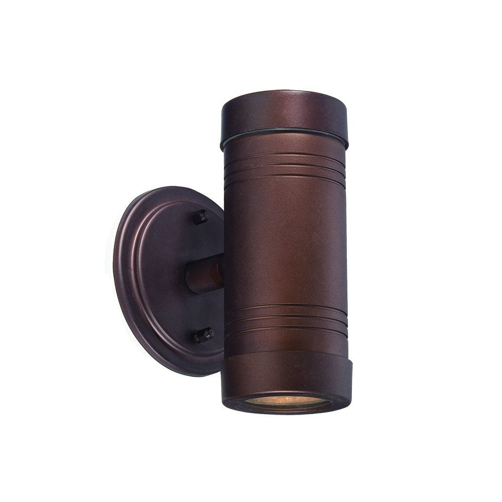 Bronze cylinder wall light with two lights, mounted on a round backplate, against a white background.