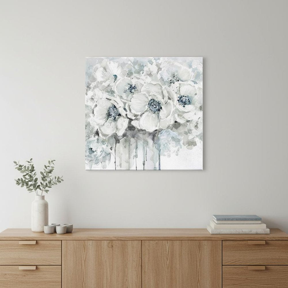 Winter Blues Flower Unframed Print Wall Art in a home interior