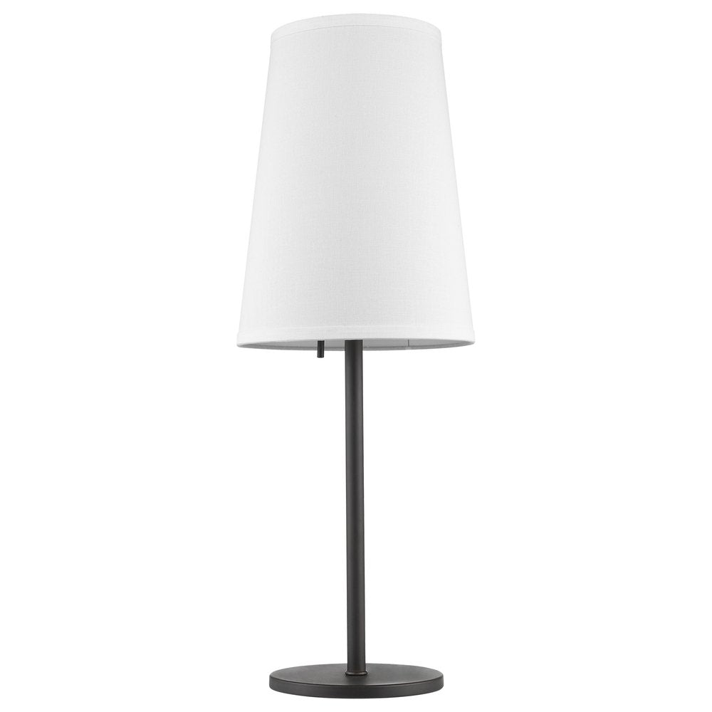 27" Black Metal Table Lamp With White Cone Shade. Table lamp isolated on a plain white background, showing a black metal surface.