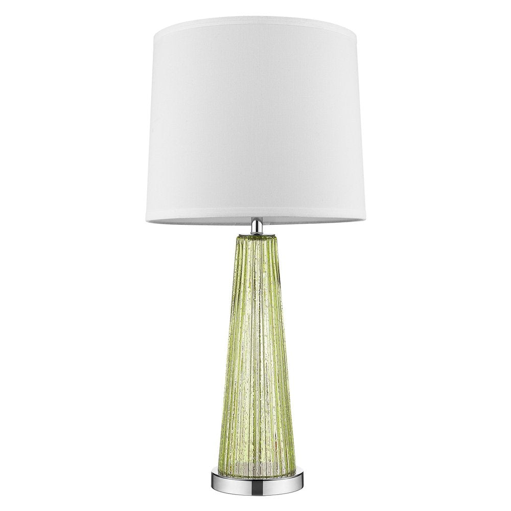 29" Green Glass Buffet Lamp With Off White Empire Shade. Lamp isolated on a plain white background, showing a off-white glass surface.