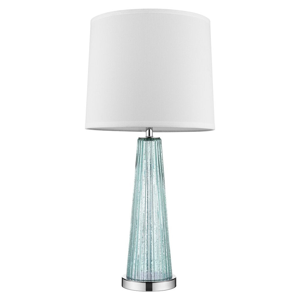 29" Aqua Glass Buffet Lamp With Off White Empire Shade. Lamp isolated on a plain white background, showing a off-white glass surface.