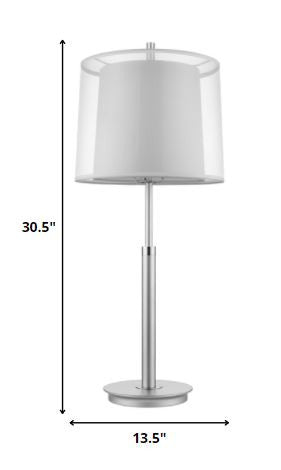 31" Silver Metal Table Lamp With White Empire Shade. Table lamp isolated on a plain white background, in a silver metal finish.