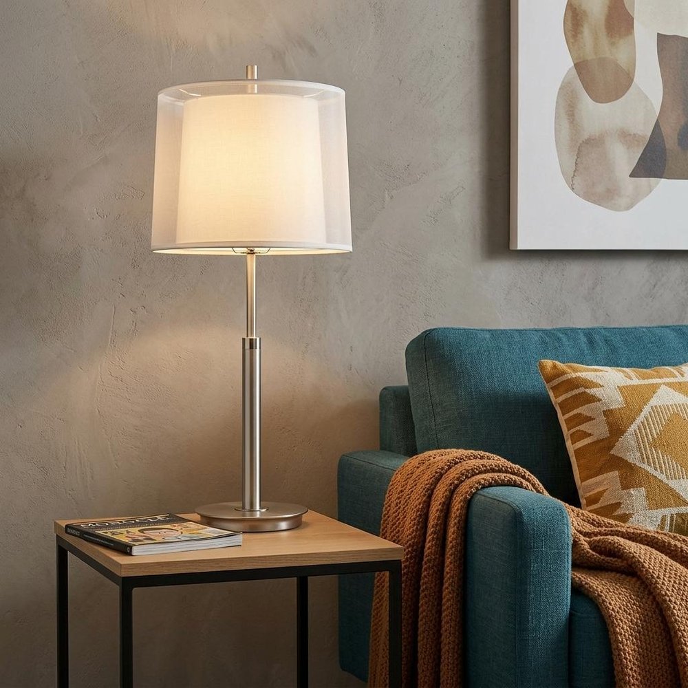 31" Silver Metal Table Lamp With White Empire Shade displayed on a dark wood tabletop in a furnished interior against a tan wall.