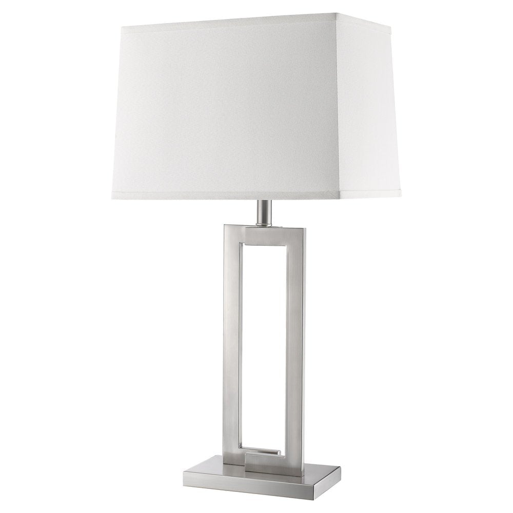 30" Silver Metal Table Lamp With White Rectangular Shade. Table lamp isolated on a plain white background, in a silver metal finish.