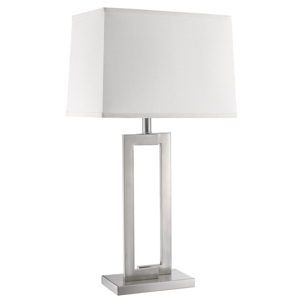 30" Silver Metal Table Lamp With White Rectangular Shade. Table lamp isolated on a plain white background, finished in silver metal.