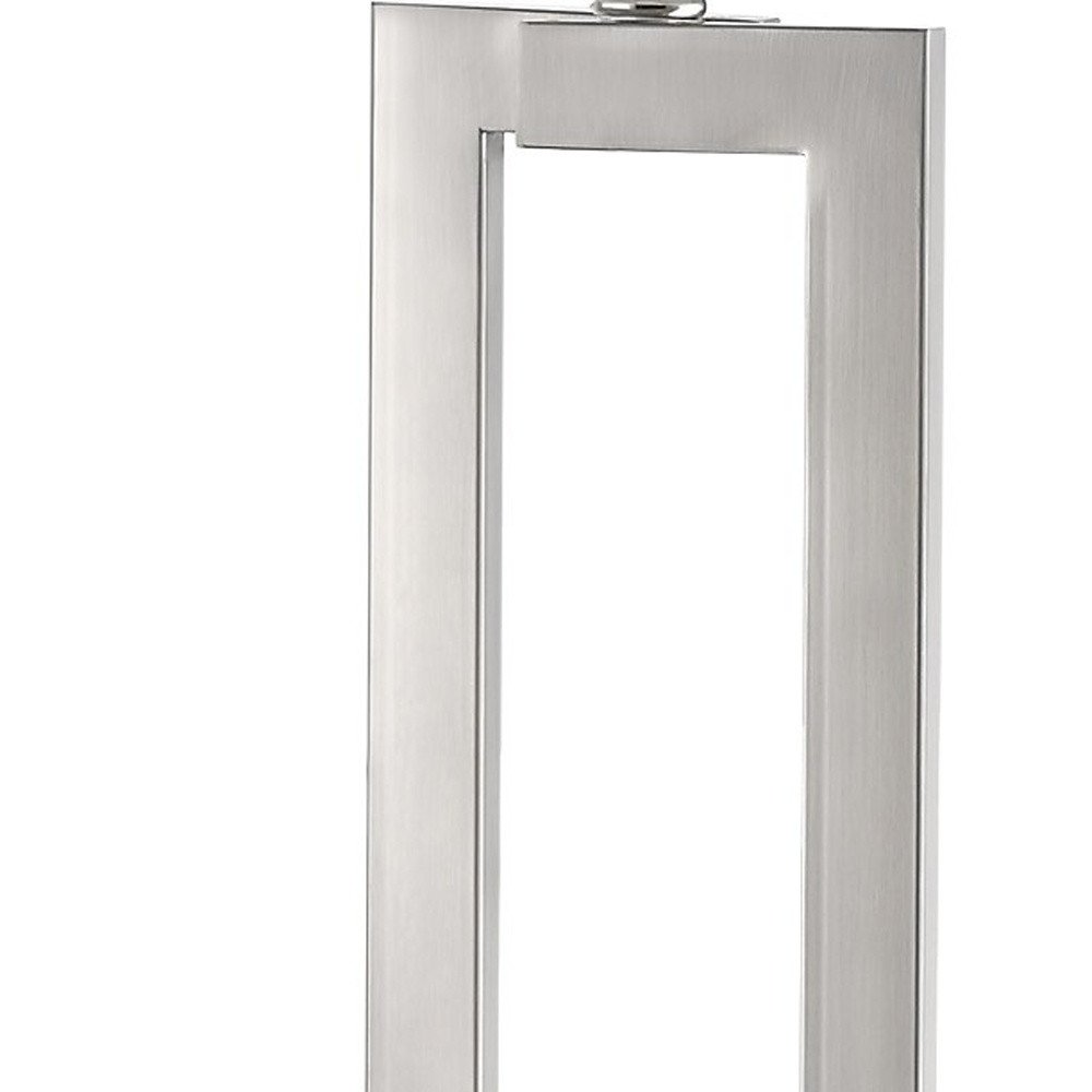 30" Silver Metal Table Lamp With White Rectangular Shade. Table lamp isolated on a plain white background, finished in silver metal.