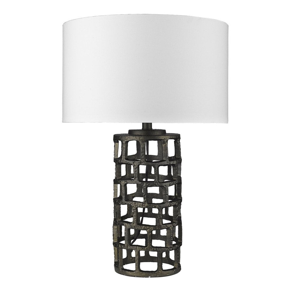 26" Black Metal Column Table Lamp With White Drum Shade. Table lamp isolated on a plain white background, showing a black metal surface.