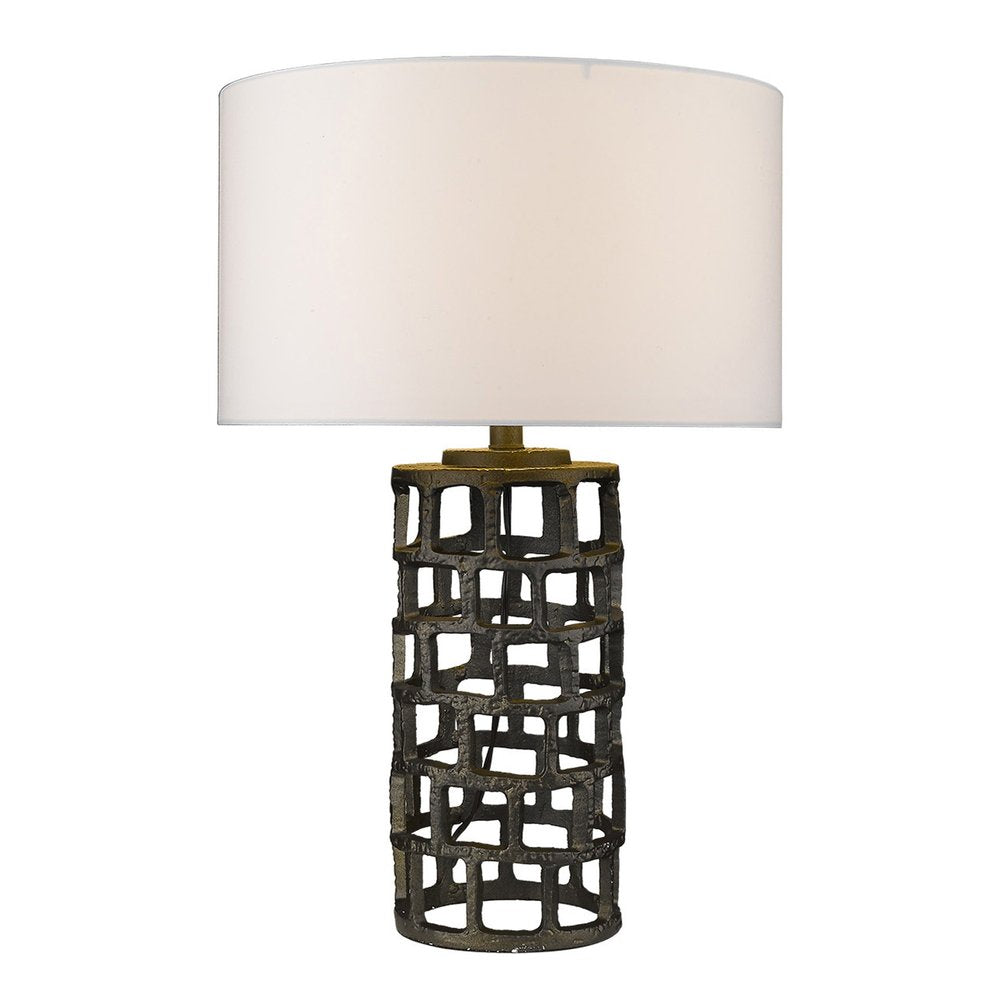 26" Black Metal Column Table Lamp With White Drum Shade. Table lamp isolated on a plain white background, in a black metal finish.