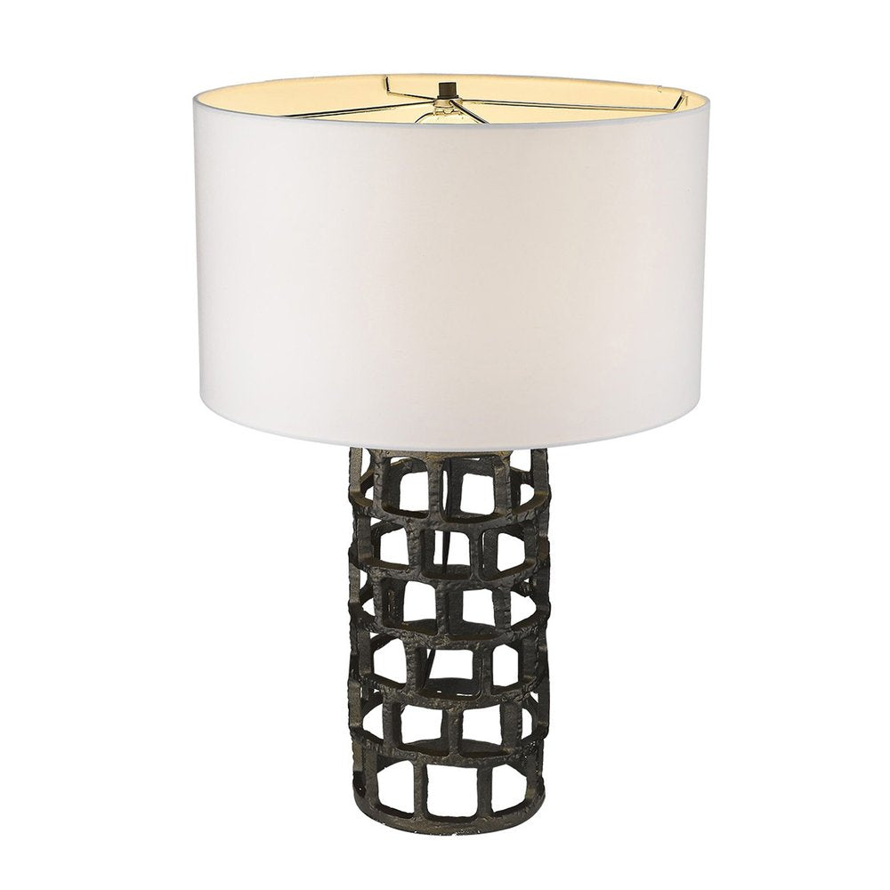 26" Black Metal Column Table Lamp With White Drum Shade. Table lamp isolated on a plain white background, showing a black metal surface.