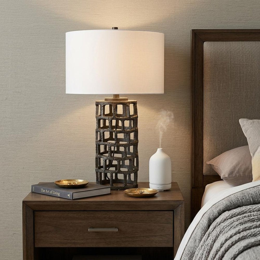 26" Black Metal Column Table Lamp With White Drum Shade. Table lamp in black metal.
