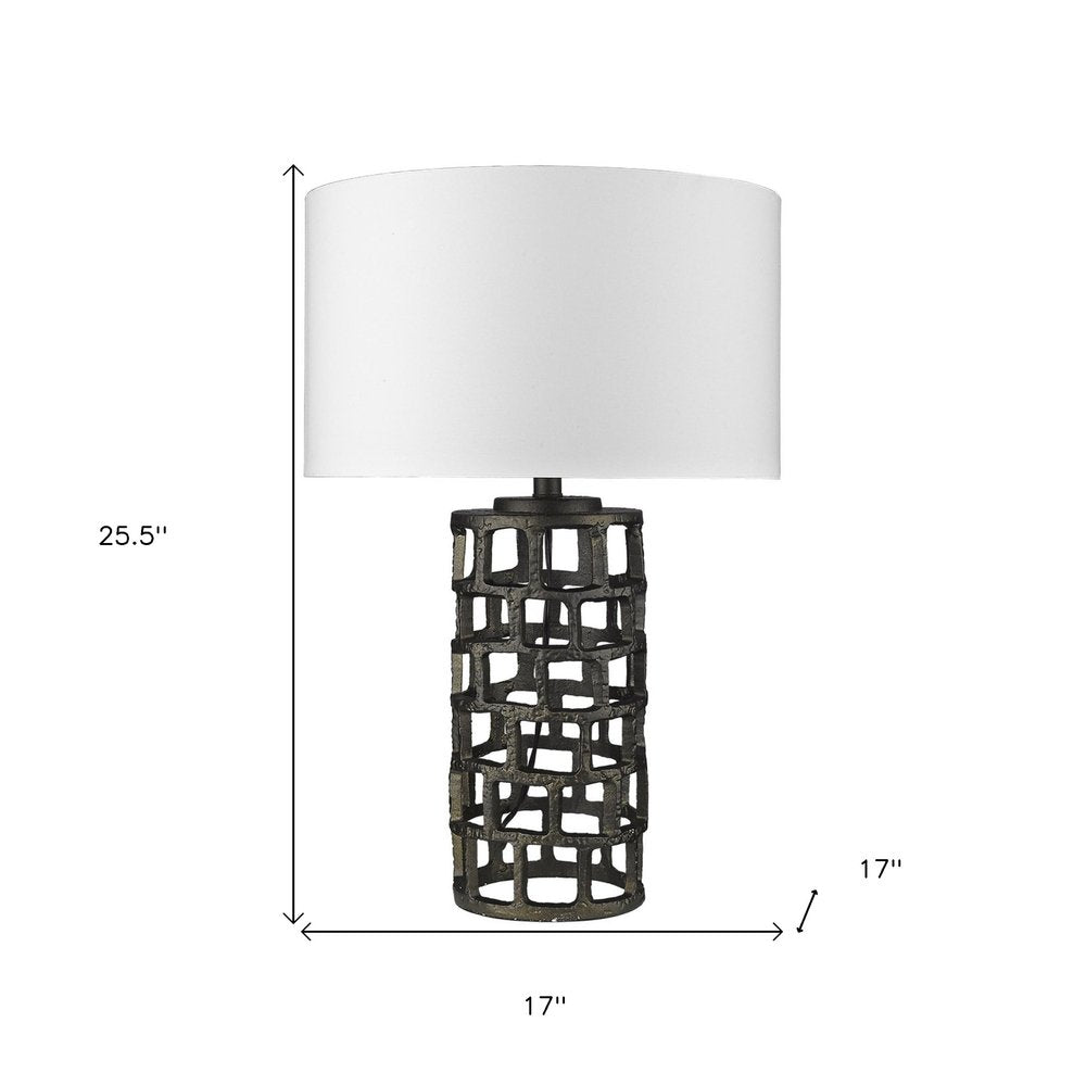 26" Black Metal Column Table Lamp With White Drum Shade. Table lamp isolated on a plain white background, in a black metal finish.
