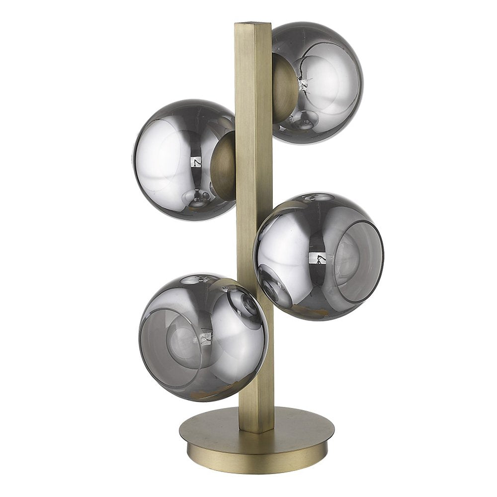 24" Brass Metal Four Light Novelty Table Lamp With Silver Metallic Globe Shades. Table lamp isolated on a plain white background, finished in silver metal.