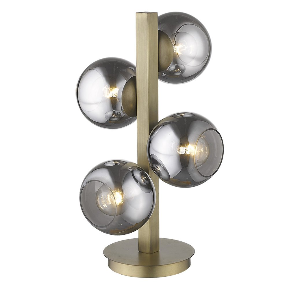 24" Brass Metal Four Light Novelty Table Lamp With Silver Metallic Globe Shades. Table lamp isolated on a plain white background, in a silver metal finish.