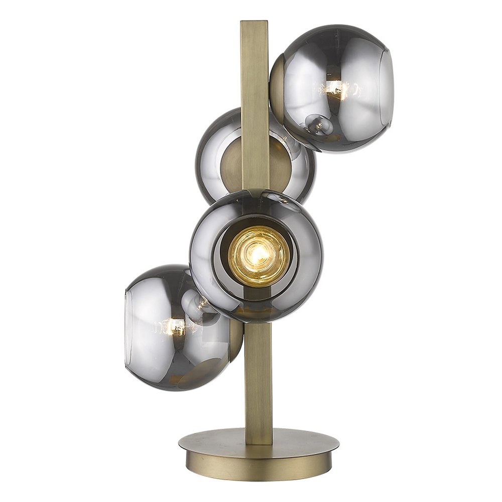 24" Brass Metal Four Light Novelty Table Lamp With Silver Metallic Globe Shades. Table lamp isolated on a plain white background, showing a silver metal surface.