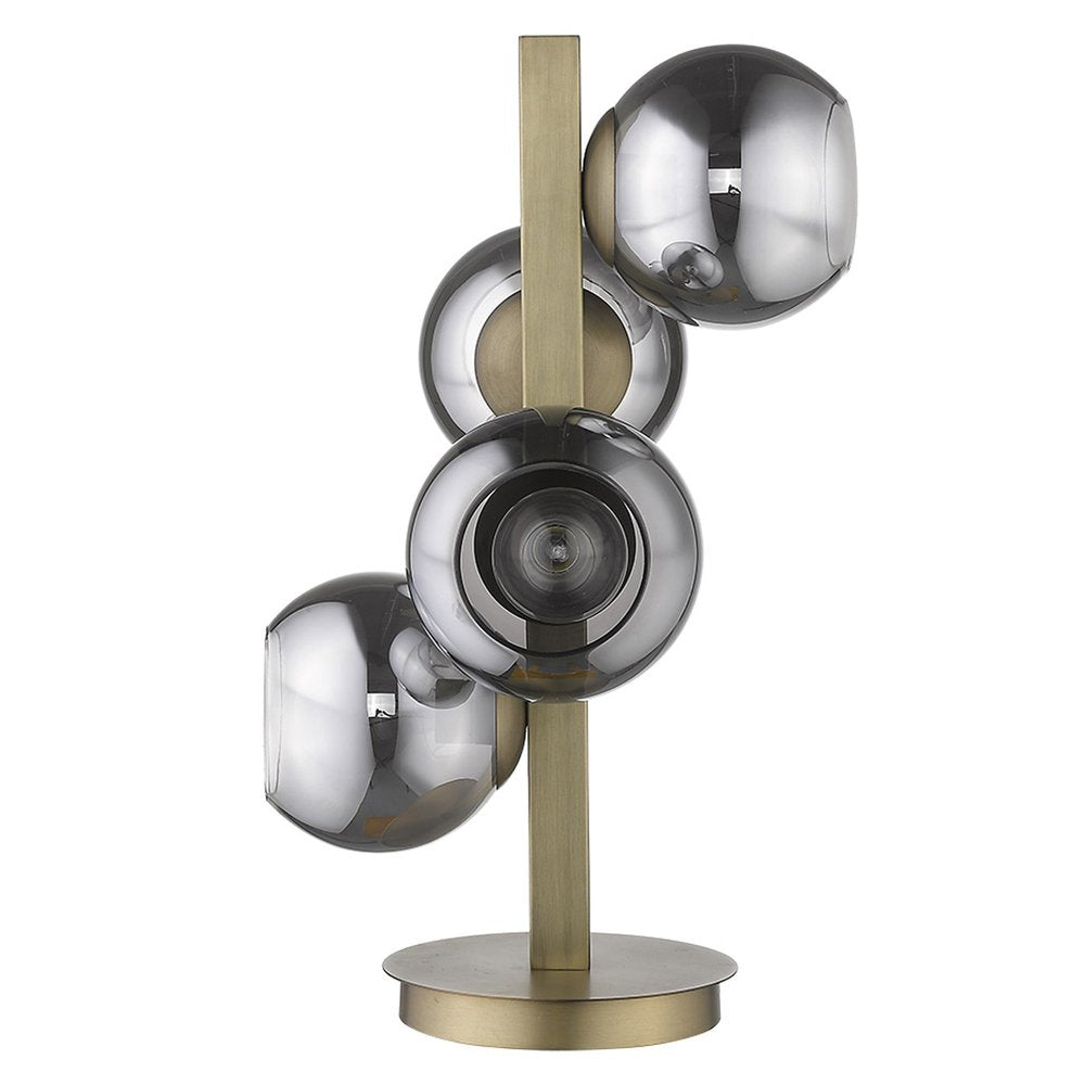 24" Brass Metal Four Light Novelty Table Lamp With Silver Metallic Globe Shades. Table lamp isolated on a plain white background, finished in silver metal.