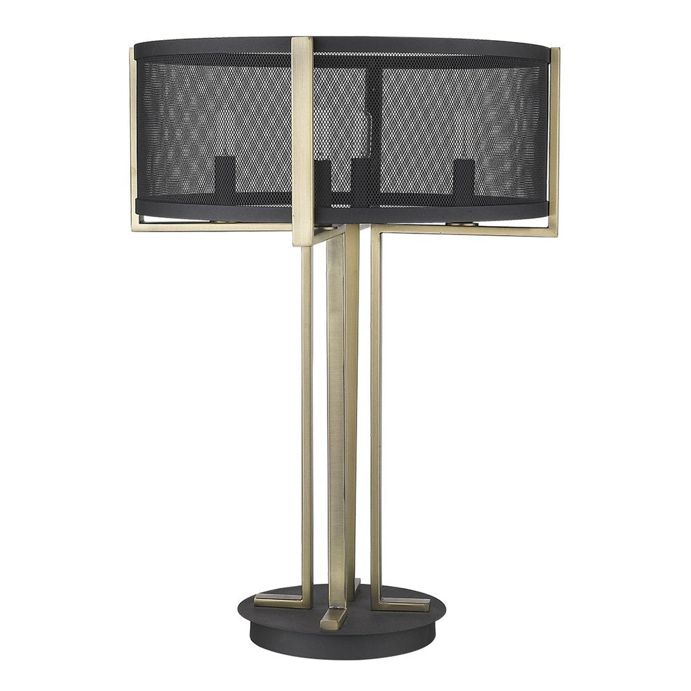 25" Brass Metal Four Light Geometric Table Lamp With Black Drum Shade. Table lamp isolated on a plain white background, finished in black metal.