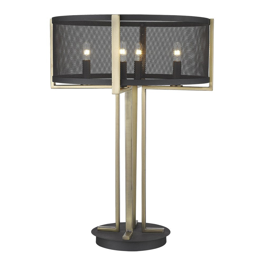 25" Brass Metal Four Light Geometric Table Lamp With Black Drum Shade. Table lamp isolated on a plain white background, showing a black metal surface.