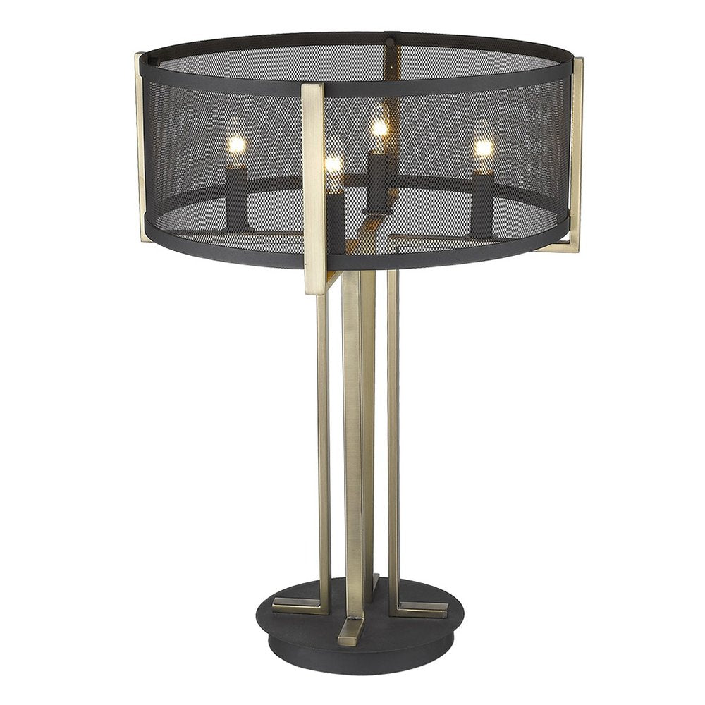 25" Brass Metal Four Light Geometric Table Lamp With Black Drum Shade. Table lamp isolated on a plain white background, in a black metal finish.