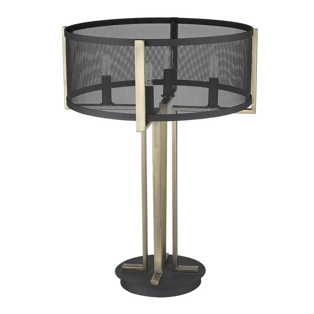 25" Brass Metal Four Light Geometric Table Lamp With Black Drum Shade. Table lamp isolated on a plain white background, showing a black metal surface.