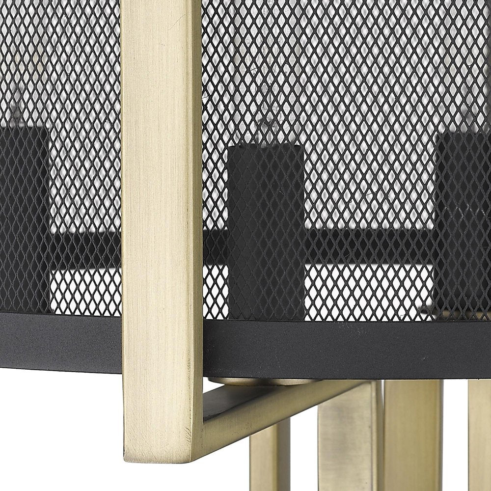 Close-up of 25" Brass Metal Four Light Geometric Table Lamp With Black Drum Shade showing the black metal texture.