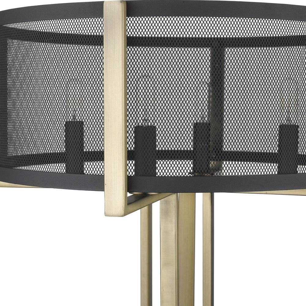 25" Brass Metal Four Light Geometric Table Lamp With Black Drum Shade. Table lamp in black metal.