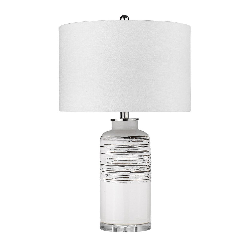 25" Black and White Ceramic Column Lamp With White Drum Shade. Lamp isolated on a plain white background, showing a white ceramic surface.
