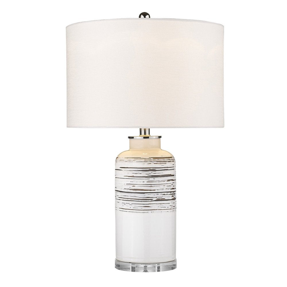 25" Black and White Ceramic Column Lamp With White Drum Shade. Lamp isolated on a plain white background, in a white ceramic finish.
