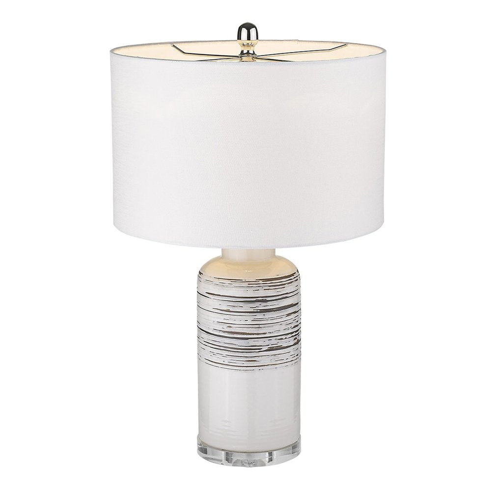 25" Black and White Ceramic Column Lamp With White Drum Shade. Lamp isolated on a plain white background, finished in white ceramic.