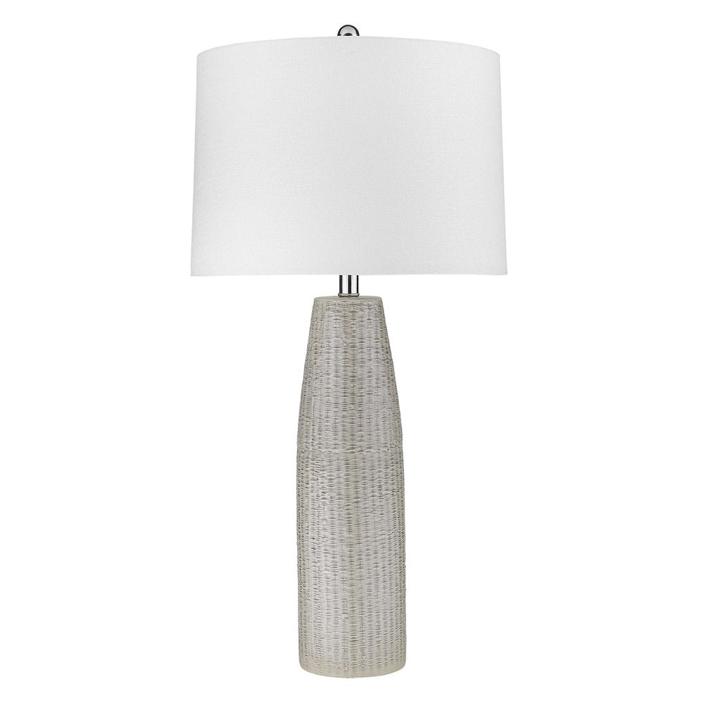 33" Light Gray Ceramic Table Lamp With White Drum Shade. Table lamp isolated on a plain white background, finished in light gray ceramic.