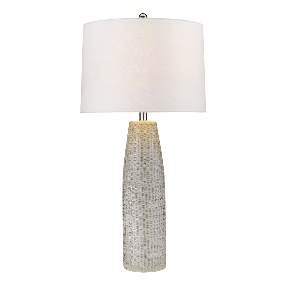 33" Light Gray Ceramic Table Lamp With White Drum Shade. Table lamp isolated on a plain white background, showing a light gray ceramic surface.