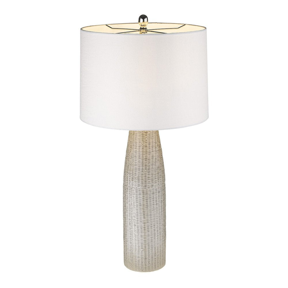33" Light Gray Ceramic Table Lamp With White Drum Shade. Table lamp isolated on a plain white background, finished in light gray ceramic.