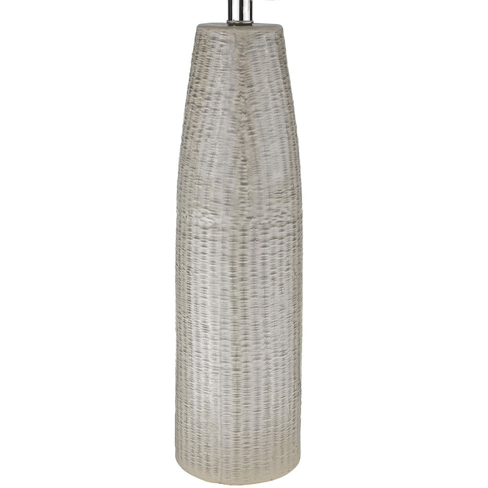 33" Light Gray Ceramic Table Lamp With White Drum Shade. Table lamp isolated on a plain white background, showing a light gray ceramic surface.