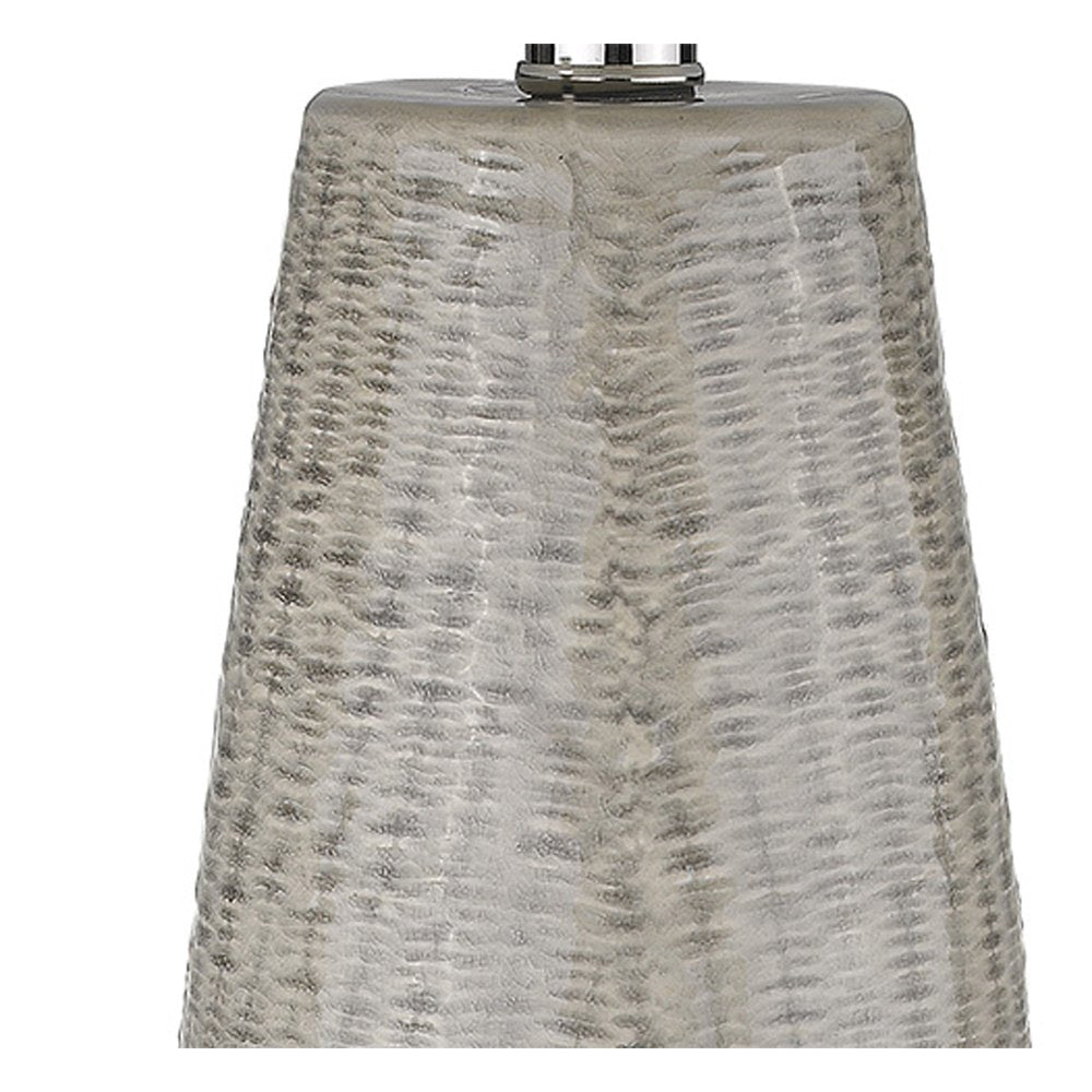 33" Light Gray Ceramic Table Lamp With White Drum Shade. Table lamp isolated on a plain white background, in a light gray ceramic finish.