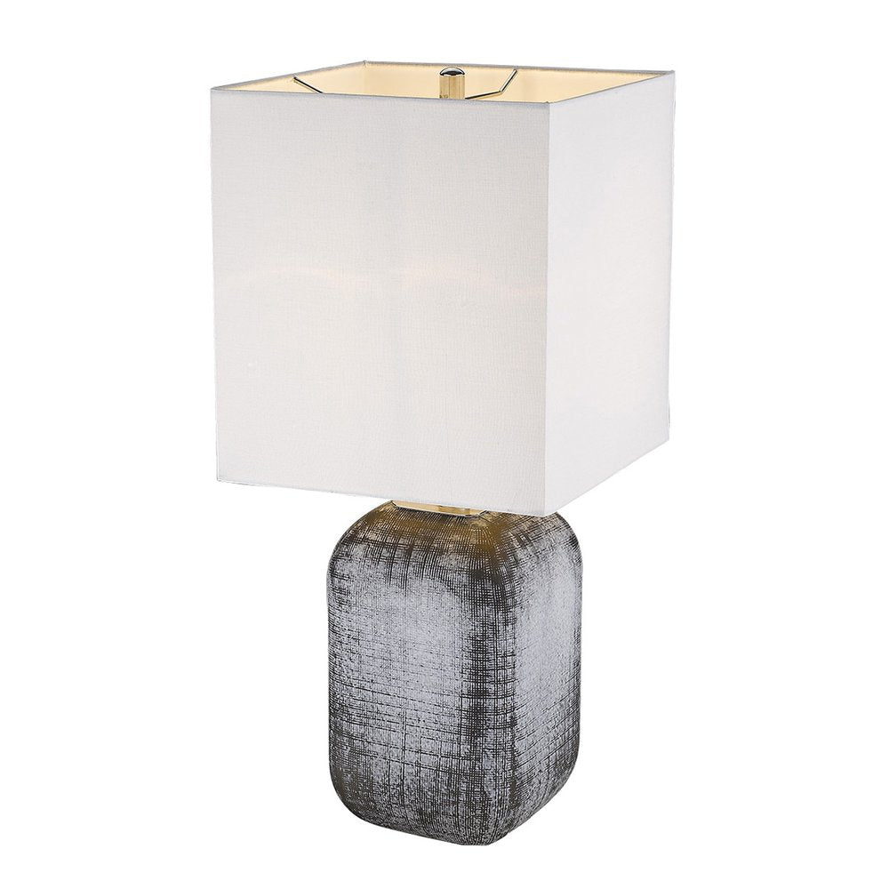 25" Blue and Gray Ceramic Table Lamp With White Square Shade. Table lamp isolated on a plain white background, in a white ceramic finish.