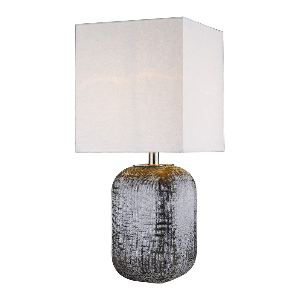 25" Blue and Gray Ceramic Table Lamp With White Square Shade. Table lamp isolated on a plain white background, finished in white ceramic.