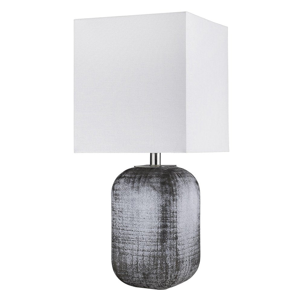 25" Blue and Gray Ceramic Table Lamp With White Square Shade. Table lamp isolated on a plain white background, in a white ceramic finish.