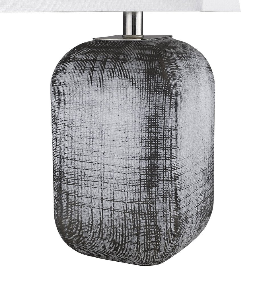 25" Blue and Gray Ceramic Table Lamp With White Square Shade. Table lamp isolated on a plain white background, finished in gray ceramic.