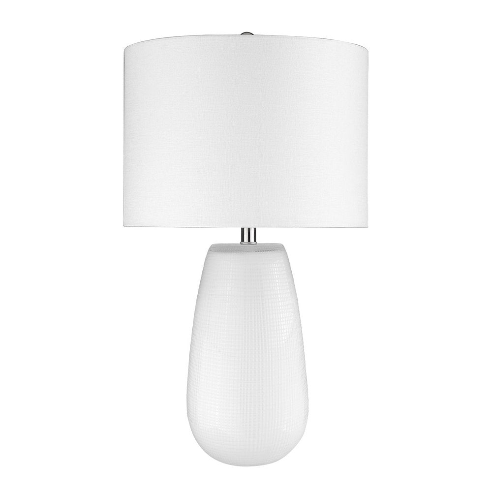 28" White Glass Table Lamp With White Drum Shade. Table lamp isolated on a plain white background, in a white glass finish.