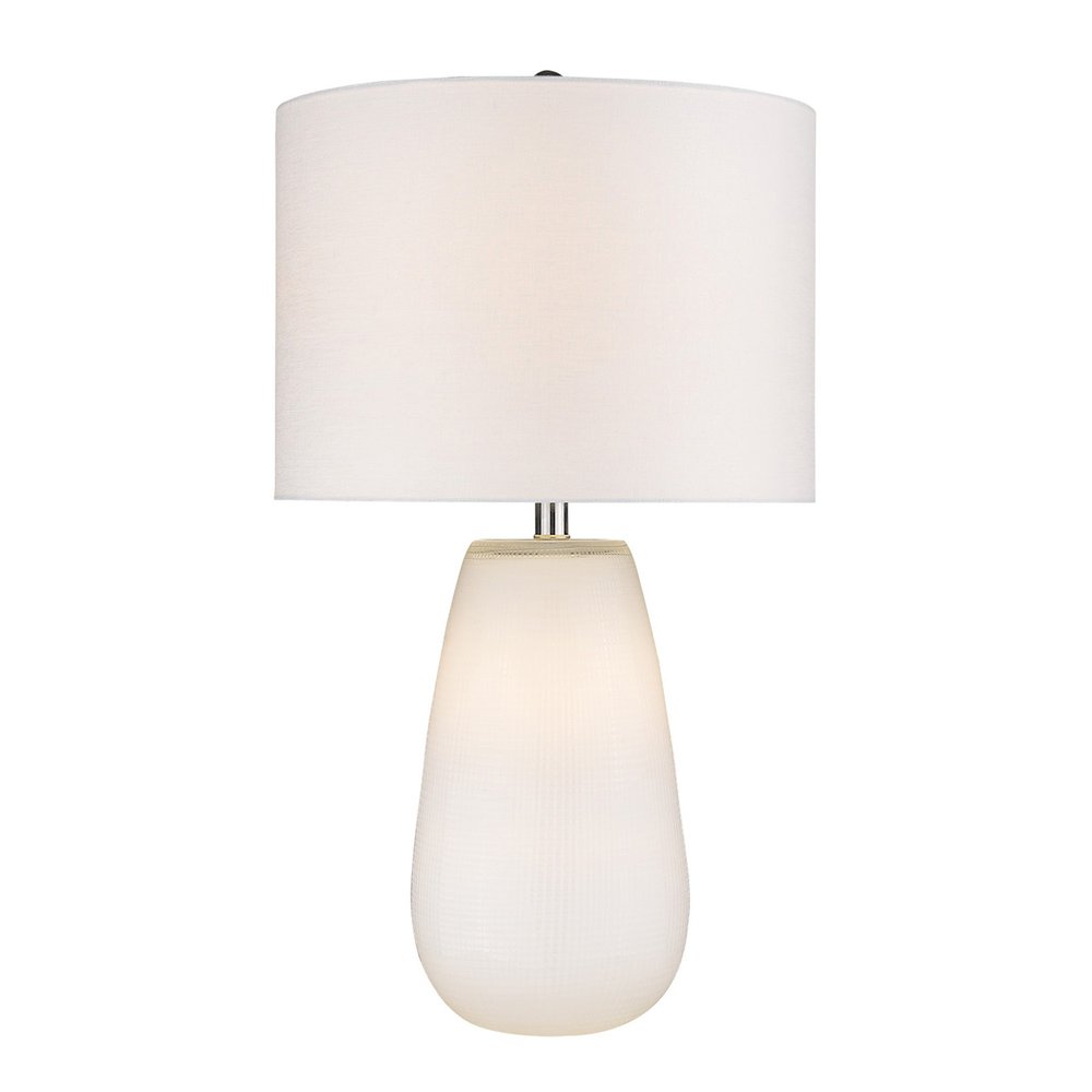 28" White Glass Table Lamp With White Drum Shade. Table lamp isolated on a plain white background, showing a white glass surface.